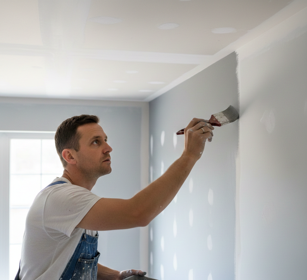 Painter cutting in clean lines on a wall with freshly finished drywall